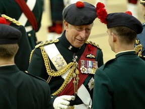 Then-Prince Charles inspects soldiers of the Black Watch armoury on Bleury St. on Nov. 10, 2009. "Charles, looking calm, and Camilla, looking nervous," recalls David Johnston, "were introduced to local dignitaries."