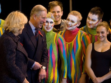 Prince Charles and Camilla, Duchess of Cornwall, with acrobats Michael Reavis, Dmitri Marine, Vitaly Cheremnykh, Bayarmunkh Munkhbayasgalan and Julie Cameron during a visit to the Cirque du Soleil in Montreal in 2009.