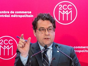 Quebec Education Minister Bernard Drainville addresses the Montreal Chamber of Commerce in Montreal, Tuesday, February 14, 2023.