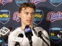 Regina Pats' Connor Bedard speaks with the media at the Brandt Centre on Wednesday, April 12, 2023 in Regina.