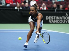 Laval's Leylah Annie Fernandez returns to Belgium's Yanina Wickmayer during a Billie Jean King Cup qualifiers singles match in Vancouver, on April 14, 2023. Fernandez lost in straight sets to Spain's Sara Sorribes Tormo, 6-2, 7-5, in the W100 Madrid Open semifinal on Saturday, May 20, 2023.