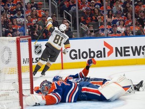 Oilers goalie Stuart Skinner and defenceman Darnell Nurse could not stop Golden Knights' Jonathan Marchessault from scoring one of his three goals Sunday as Vegas eliminated Edmonton from the Stanley Cup playoffs.