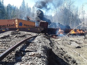 A view of a train following derailment and fire near Rockwood, Maine, April 15, 2023.