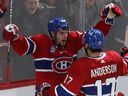 Canadiens' Sean Monahan celebrates his goal with teammate Josh Anderson during game against the Maple Leaf at the Bell Centre last October.