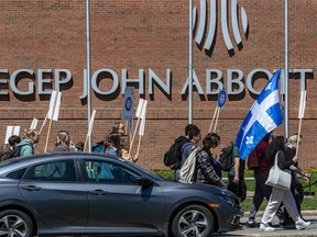 John Abbott College student union, college administration and the teachers' union (JACFA) members protested against Bill 96 at the college in Sainte-Anne-de-Bellevue on Thursday May 5, 2022. Dave Sidaway / Montreal Gazette ORG XMIT: 67781
