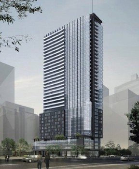 architect's drawing of 35-storey glass tower honeyrose hotel