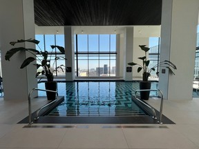 an indoor pool with two large potted plants, overlooking montreal skyline