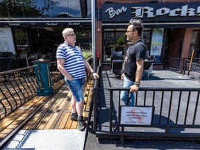 Bar Le Cocktail owner Luc Généreux, left, and Bar Rocky waiter Michel Lachance both stress they're not blaming the unhoused population for their businesses' woes. "These are people who need help, but are not getting enough of it," says Généreux.