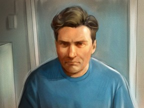 courtroom sketch of paul bernardo in a blue shirt