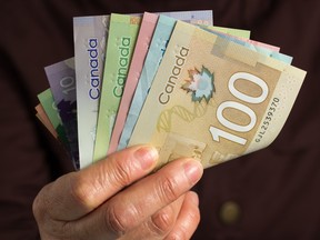 A hand holding Canadian banknotes