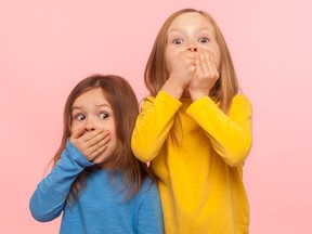 Portrait of two little frightened girls covering their mouths in embarrassment