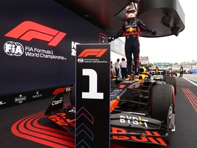 Race winner Max Verstappen of the Netherlands and Oracle Red Bull Racing celebrates in parc ferme during the F1 Grand Prix of Spain at Circuit de Barcelona-Catalunya on Sunday, June 4, 2023, in Barcelona.