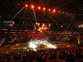 Interior of T-Mobile Arena during a pregame ceremony