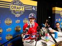 David Reinbacher speaks to the media after being selected by the Montreal Canadiens with the fifth overall pick during Round 1 of the NHL Draft at Bridgestone Arena on Wednesday.
