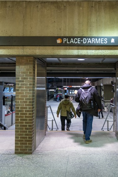 MONTREAL, QUE.: March 8, 2023 -- The entrance to the Place-D’Armes Metro station from the Palais des Congrés in Montreal Wednesday March 8, 2023. (John Mahoney / MONTREAL GAZETTE)