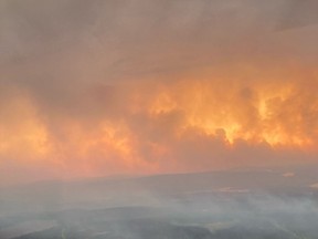 Photo of a blazing forest fire taken from a helicopter