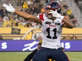 Alouettes wide receiver Kaion Julien-Grant (11) celebrates a first down catch against the Hamilton Tiger Cats in Hamilton on June 23, 2023. Montreal plays Winnipeg at Molson Stadium on Saturday, July 1, 2023.