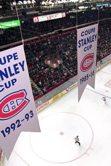 Stanley Cup banners hang over the ice at the Bell Centre.