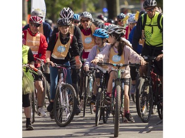 Cyclists at the start of the 38th Tour de l'île de Montréal in Montreal on Sunday, June 4, 2023.