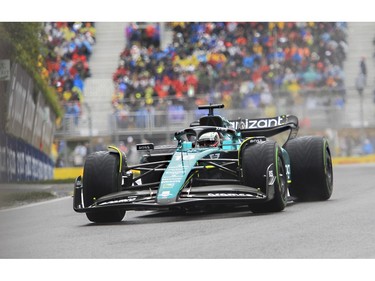 Montreal-born Lance Stroll drives his Aston Martin Aramco Cognizant car in the rain at Circuit Gilles Villeneuve during a practice session for Canadian Grand Prix on Saturday, June 17, 2023.
