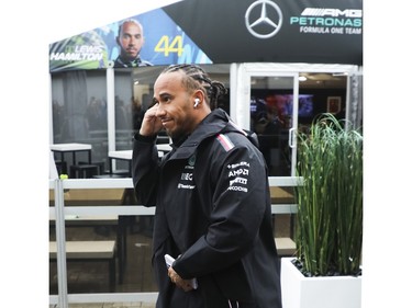 Seven-time world champion driver Lewis Hamilton walks in the paddock area at Circuit Gilles Villeneuve prior to a practice and qualifying session for Canadian Grand Prix on Saturday, June 17, 2023.