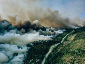 A controlled burn is seen on the edge of a wildfire numbered 334 near Mistissini, Que., in a June 6, 2023, handout photo.