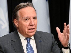 Quebec Premier Francois Legault presents new programs on immigration at a news conference, Thursday, May 25, 2023.