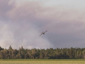 a water bomber flies over a burning forest in quebec