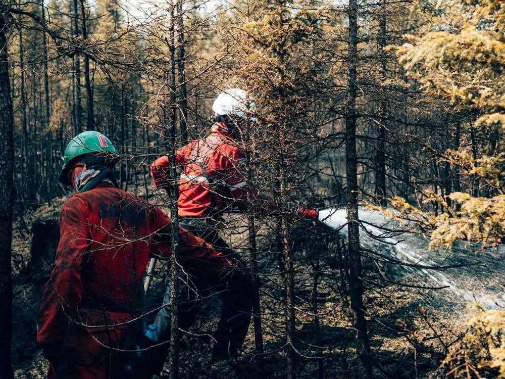 Firefighters spray water on hot spots in northern Quebec in a June 4, 2023, handout photo.