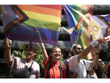 People shout slogans during the LGBTQ Pride March in Istanbul, Turkey, on Sunday, June 25, 2023.