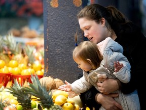 Mother and daughter at a produce stand