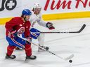 Montreal Canadiens top prospects Joshua Roy, in red, and Riley McKay, in white, at the Canadiens Development Camp at the Bell Sports Complex in Brossard on Monday July 3, 2023.
