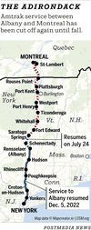 A map shows the Amtrak Adirondack line between New York and Montreal, with no service north of Albany