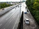 Rain pooled at the Fort St. entrance to the Ville-Marie Expressway in Montreal on Thursday, July 13, 2023, after severe storms hit the greater Montreal area.