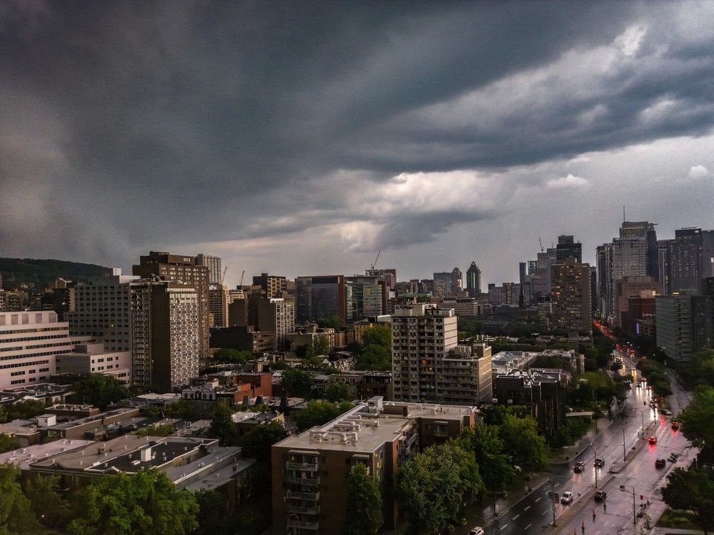 Dark storm clouds over the Montreal skyline