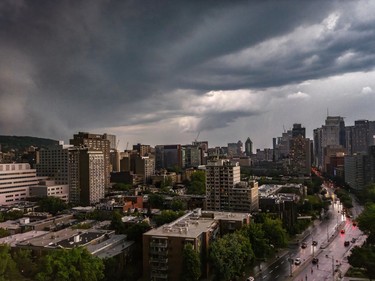 Dark storm clouds over the Montreal skyline