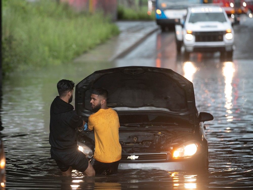 Two young men stand outside a car with its hood open and water up to its bumper