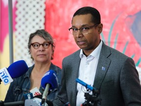 Lionel Carmant (right) and Annie Aubertin during a press conference