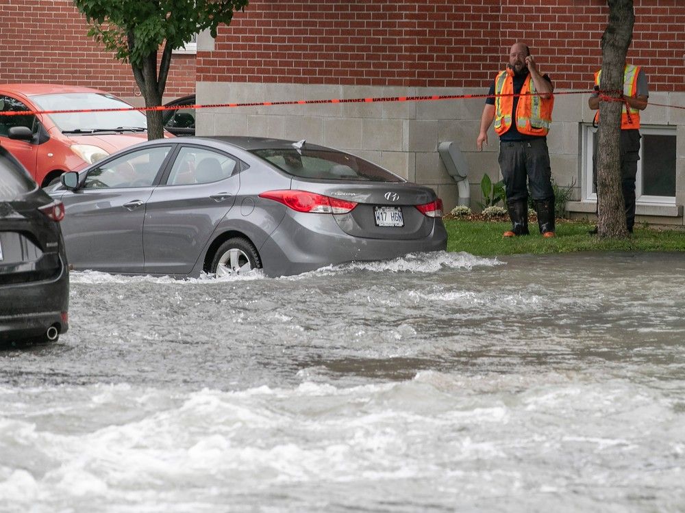 city workers on a sidewalk next to a flooded street with submerged cars