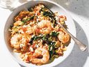 Shrimp with orzo, tomatoes and feta.