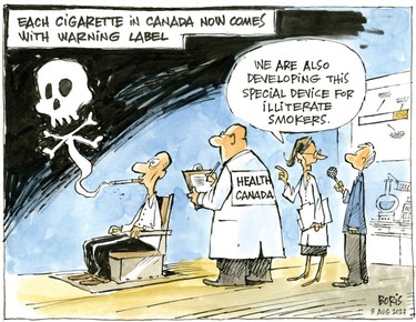 Smoke becomes skull and crossbones. label: Each cigarette in Canada now comes with a warning label; researcher: "We are also developing this special device for illiterate smokers"