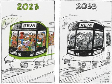 Two-panel cartoon. The first is in colour and shows excited people on a train in 2023. The second panel is the same scene in glum black-and-white a decade later.