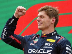 Winner Red Bull Racing's Dutch driver Max Verstappen celebrates on the podium after the Formula One Austrian Grand Prix at the Red Bull race track in Spielberg, Austria, on Sunday, July 2, 2023.