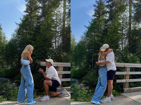 Two pictures show Brendan Gallagher proposing on one knee and then hugging Emma Fortin outdoors.