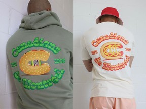 On the right, a person wearing a Montreal Canadiens hoodie where the C in the team's logo has been replaced with an illustrated bagel sandwich. On the right, a person wearing a t-shirt where the C has been replaced by an illustrated hot dog