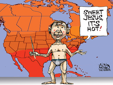 Cartoon of a weatherman, in his underwear, standing in front of a map of North America that's all shades of orange and red saying "Sweet Jesus, it's hot!"