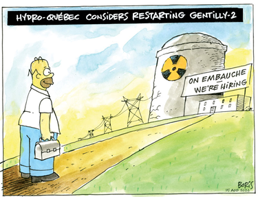The headline "Hydro-Québec considers restarting Gentilly-2" accompanies a cartoon of Homer Simpson waling up to a nuclear plant with a "we're hiring" sign