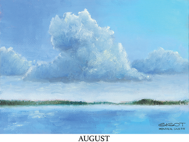 Painting of a blue sky with clouds over a lake that is accompanied by the caption "August"