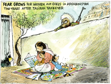 A cartoon of a member of the Taliban peering over a wall at three girls reading accompanies the following "Fears grow for women and girls in Afghanistan two years after Taliban takeover"