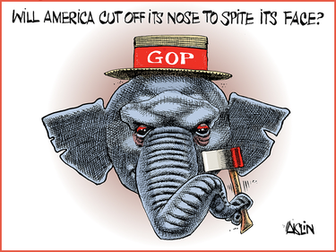 A cartoon of an elephant wearing a GOP hat and holding an axe with its trunk accompanies the headline: "Will America cut off its nose to spite its face?"